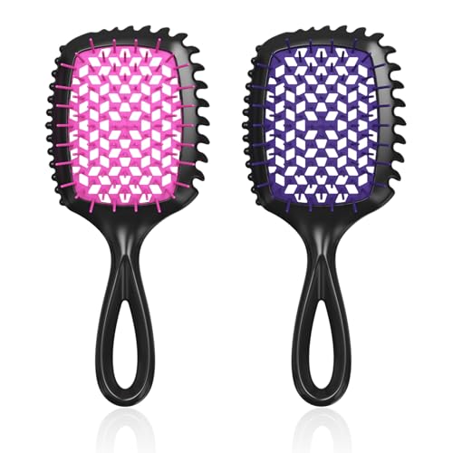 Detangler Brush 2 Pack Vented Hair Brush for Wet/Dry Hair Easy Pain-Free Detangler Brush Reduces Knots & Breakage For Curly Straight Thick or Fine Hair Women Men & Kids (Pink+Purple)