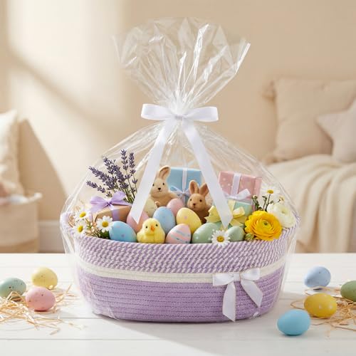 Image of Colingmill 1 Set Woven Basket for Gift Empty with Cellophane Wrap Set 14 x 10 x 5.5 Inch, Medium Decorative Gift Basket Empty to Fill, Cotton Rope Storage Box Decor (Light Purple White)