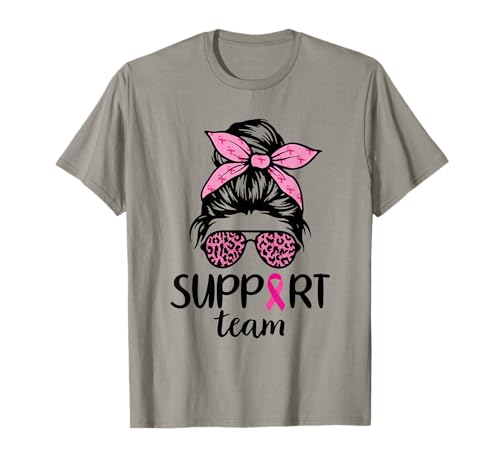 Support Team Messy Bun Leopard Pink Breast Cancer Awareness T-Shirt