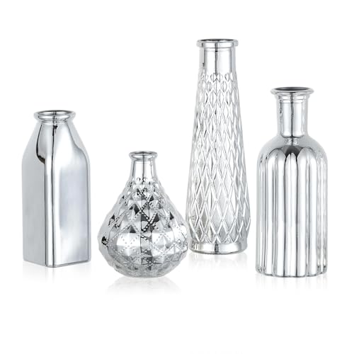 Glasseam Silver Glass Vase for Centerpieces, 4pcs Small...