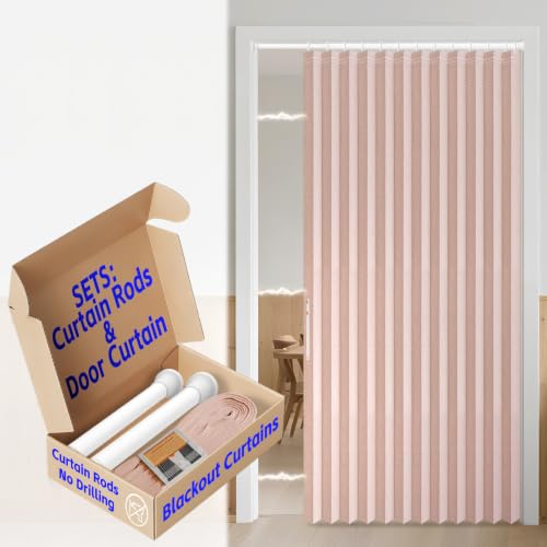 Image of AJAZZ Blackout Accordion Door Curtain with Curtain Rods 39-52 in Length Closet Door Curtain Invisible Applicable Bedroom Room Living Room Doorway (1 Panel, 52 W x 78 L, Pink)
