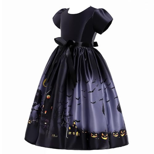 Girls Halloween Vintage Dress Short Sleeve Cosplay Party Fancy Dress Pumpkin Bat Printed Swing Dresses 5-12 Years