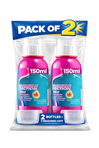 Double Action Mint Liquid Antacid 150 ml Fast-Acting Heartburn Indigestion and Acid Reflux Relief Long-Lasting with 2 Measuring Cups (Pack of 2)