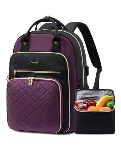 Image of LOVEVOOK Lunch Backpack for Women, 15.6 Inch Laptop Bag with Insulated Cooler Lunch Box, Work Backpack for Teacher Nurse, Travel Backpack Lunch Bag for Camping Picnic Daily Use, Purple Black
