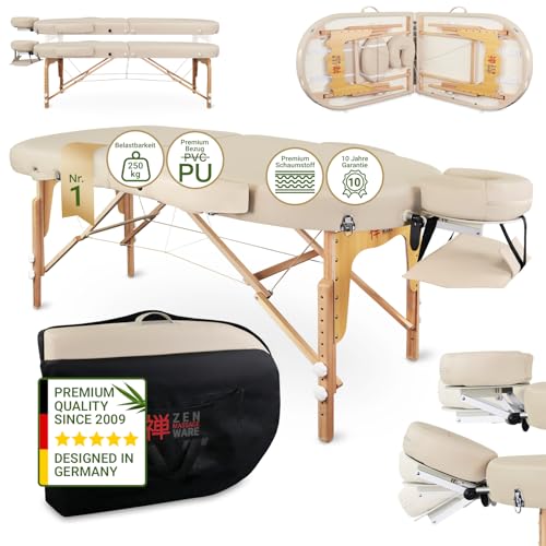 Zen Oval Massageliege klappbar, mobil - stabile Massagetisch, Kosmetikliege, Tattoo Liege aus Holz, Massagebank Behandlungsliege inkl. Tasche, Armlehne, Alu-Kopfstütze für Physiotherapie Cremé Zen Oval Massageliege klappbar, mobil - stabile Massagetisch, Kosmetikliege, Tattoo Liege aus Holz, Massagebank Behandlungsliege inkl. Tasche, Armlehne, Alu-Kopfstütze für Physiotherapie Cremé