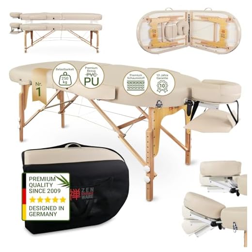 Beltom Mobile Massagetisch Massageliege 3 zonen 180 x 56 cm. - Licht 13,3 kg mit Zubehör 14,5 kg - massagebed massageleuning Massagebank 3 Zones klappbar Kosmetikliege +TA. - Schwarz 6 Zen Oval | Massage-Liege klappbar und höhenverstellbar | mobiler Kosmetik-Tisch in ovaler Form für aktive Massagestile | Voll-Holz, hochwertiger PU-Bezug, Alu-Kopfstütze | TÜV Zertifiziert (Créme)