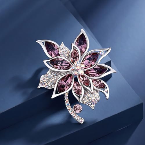 Image of Sparkling Rhinestone Flower Brooch Pin Premium Blue Purple Crystal Flower Brooch Lapel Pins Vintage White Rose Broochs Clothes Hat Bag Dress Clothing Jewelry for Women