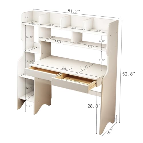 Image of Kids Desk Kids Table with Drawers and Bookshelf Wooden Kids Media Desk Student Learning Computer Workstation and Writing Desk (White)