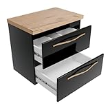Longitud: 60,5 cm, ancho: 40 cm, altura: 55 cm. El mueble de baño está hecho de un tablero laminado con chapa de PVC impermeable. Dos prácticos cajones con función de cierre silencioso.