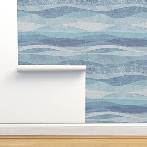 Peel & Stick Wallpaper 3ft x 2ft - Abstract Ocean Waves Sky Blue Midcentury Modern Minimal Nautical Aqua Mint Custom Removable Wallpaper by Spoonflower