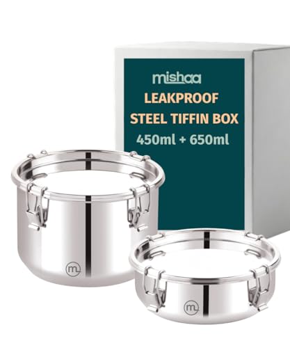 Image of Mishaa Steel Leakproof Tiffin /Lunch Box, Airtight & Spill-Proof Container for Curry & Liquid Items, Steel Lunch Box for School, College & Office, Suitable for Men, Women & Kids (450ML + 650ML)
