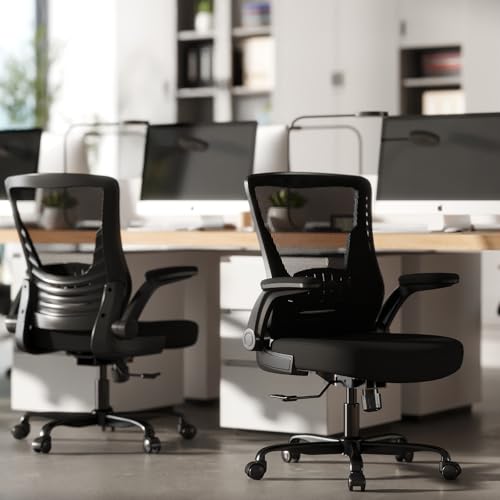Image of Mesh Office Chair, Comfy Desk Chair with Flip-Up Armrests, 2PC | 300 LBS Capacity, Black Breathable Mesh, Adjustable Height, 360 Swivel Wheels, Computer Chair for Study, Home Space Saving