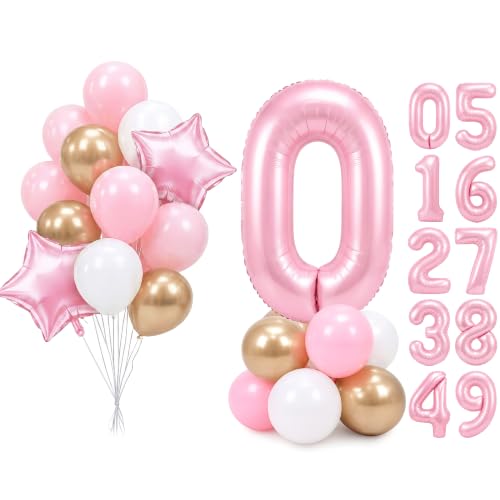 Image of PartyWoo Baby Pink Number 0 Balloon 40 Inch 25pcs Pink Foil Star White Gold