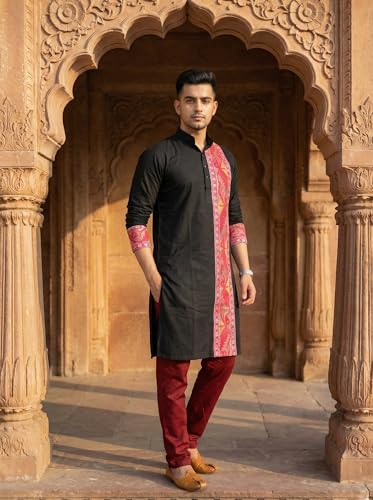 Image of Men's Jamdani Printed Kurta Pajama Set | Pure Cotton Ethnic Kurta with Mandarin Collar & Dupion Silk Pyjama | Festive & Weddings 303A12A 303SB12B(M XXL)