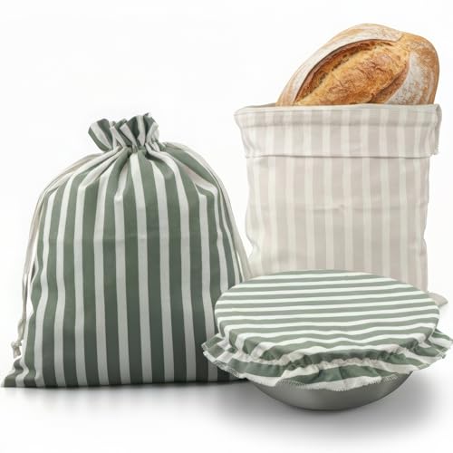 KIBAGA Beautiful Linen Bread Bag Set and Proofing Cover For Homemade Sourdough Bread - Keeps Your...