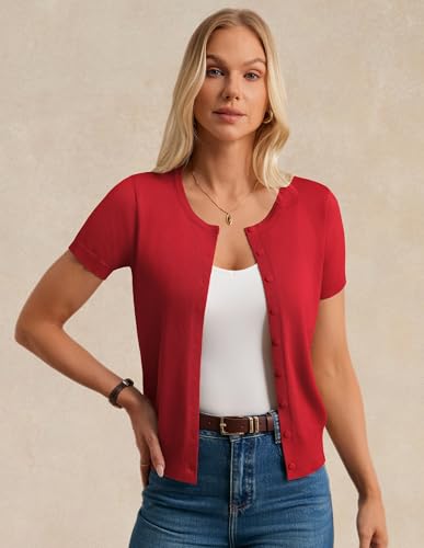 Image of GRACE KARIN Women Short Sleeve Cardigan, 2026 Summer Knitted Sweater Tops, Basic Crew Neck Crop Outfits