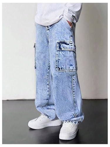Boy's Denim Cargo Pants Vintage High Waisted Straight Leg Baggy Jeans with Pockets3