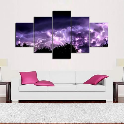 Tableau de nuit avec éclair violet orage pour décorer un salon moderne