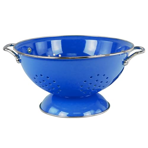 Reston Lloyd, 3 Quart Powder Coated Steel Kitchen Strainer Basket for draining Pasta, Vegetable and Fruit, Chrome Handles and Wide Stable Base, Azure