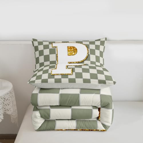 Image of Erosebridal Sage Green Checkered Bedding Set Full Plaid Initial P Comforter Set for Kids Adults Personalized Monogram Down Comforter,Fashion Grids Gingham Quilt Duvet