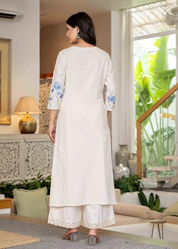 Image of Pistaa's Women Cotton Elegant Off-White Floral Embroidered Sleeves Kurta Palazzo Set