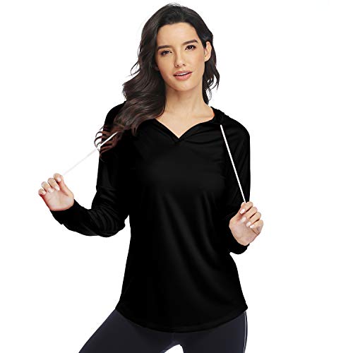 HISKYWIN Womens UPF 50+ Sun Protection Hoodie Long Sleeve Athletic T-Shirt Outdoor Performance Workout Tops HF809 Black M