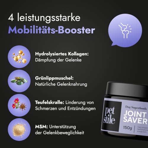 Petstile Joint Saver®: Kollagen, Glucosamin, Teufelskralle, Grünlippmuschel & Hagebutte – unterstützt Gelenke, Hüfte & Mobilität Erwachsener Hunde, wirkt entzündungshemmend (1x 150 g)