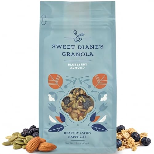 Image of Sweet Diane's Granola - Standard Size (12 oz): Organic Granola, Low-Sugar, High-Fiber, Gluten-Free, Vegan, Delicious Breakfast and Snack Topper (Classic Size, Blueberry Almond)