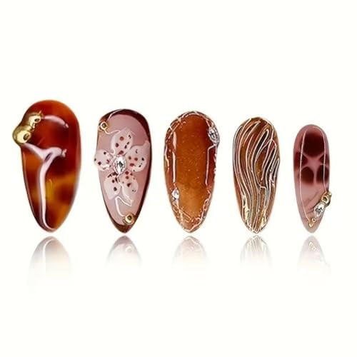 Image of Flower Press on Nails Brown Fake Nails with Gold Design Fall Glue on Nails Medium Almond False Nail Glossy Full Cover Artificial Acrylic Stick on Nail for Women Girls Manicure 24Pcs