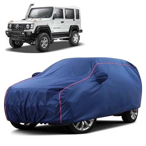 Image of Sulfar 100% Water Resistant Car Body Cover Compatible with Mirror for Force Gurkha (Triple Stitched, Full Bottom Elastic, Blue Taffeta with Red Piping)