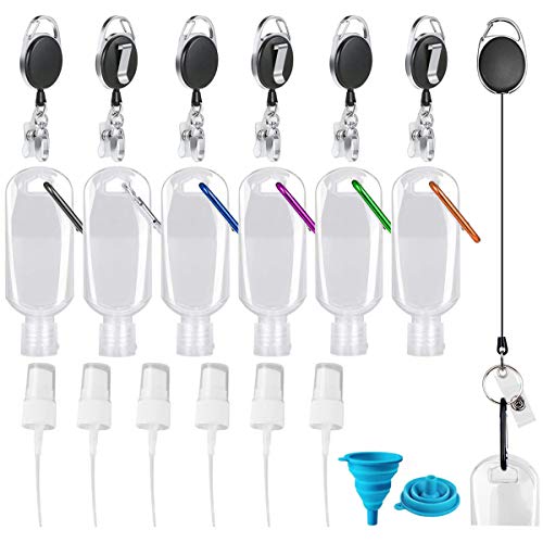 Juego de botellas de viaje rellenables de plástico vacías, 6 botellas portátiles para apretar, 6 carretes de insignia, 6 cabezales de pulverización, 6 clips de gancho de escalada, 1 embudo de silicona