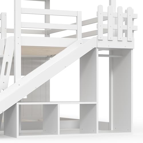 Image of Bellemave Bunk beds Twin Over Full with Slide,Ladders,Bookshelf and Wardrobe House roof Design, Low bunk /loft Bed for Kids,White