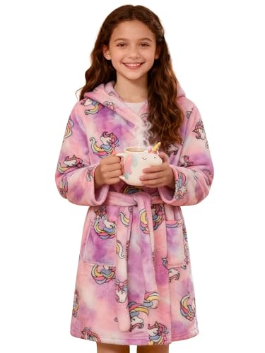SANGTREE Boys Girls Robe Fleece Hooded Soft Toddler Bathrobe Cute Boys Bathrobe Fuzzy Plush Robes for Kids, 2-12 Years, Tie Dyed Unicorn, 2 Years