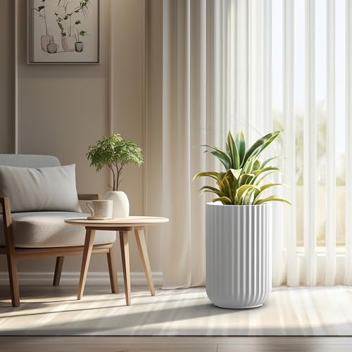 Kante Tall Fulted Planter, 21.7 Inch Tall Round Concrete Plant Pots with Drainage Hole and Rubber Plug, Modern Decor for Indoor Outdoor Plants, Flower, White by Kante - Used condition - Image 3