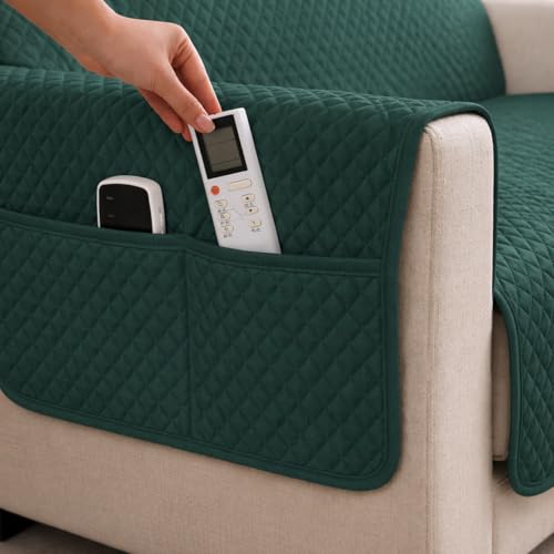 Image of STITCHNEST 'Airsoft Range Series' Solid Quilted Velvet Sofa Cover for 3 Seater | Premium Soft Velvet Sofa Protector | Green Diamond Quilted Design with Armrest Pockets | Furniture Cover