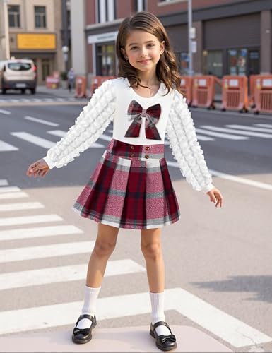 Toddler Girl Clothes Puff Long Sleeve Knit Top and Plaid Skort Set with Bowknot 2PC Girls Fall Outfits 2-8 Years2
