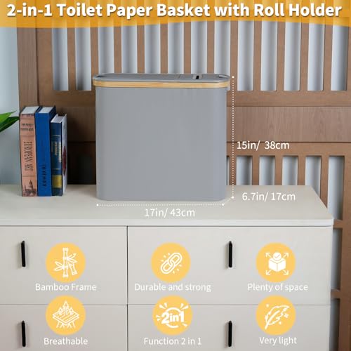 efluky 28L 2-in-1 Toilettenpapier Aufbewahrung Korb aus Bambus mit Papierauslass, Toilet Paper Organizer, Klopapier Aufbewahrung mit Deckel, Faltbarer Aufbewahrung Box für Badezimmer, WC (Grau) 2