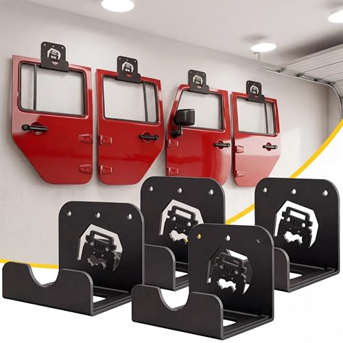 WIPHANY 4 Pcs Removable Door Storage Hanger with Rubber Wall Mount Heavy Duty Door Hanger Storage Holder Bracket Rack For1956-2020 Wrangler CJ YJ TJ LJ JK JKU JL JLU & 2021 Gladiator JT On Garage Pack