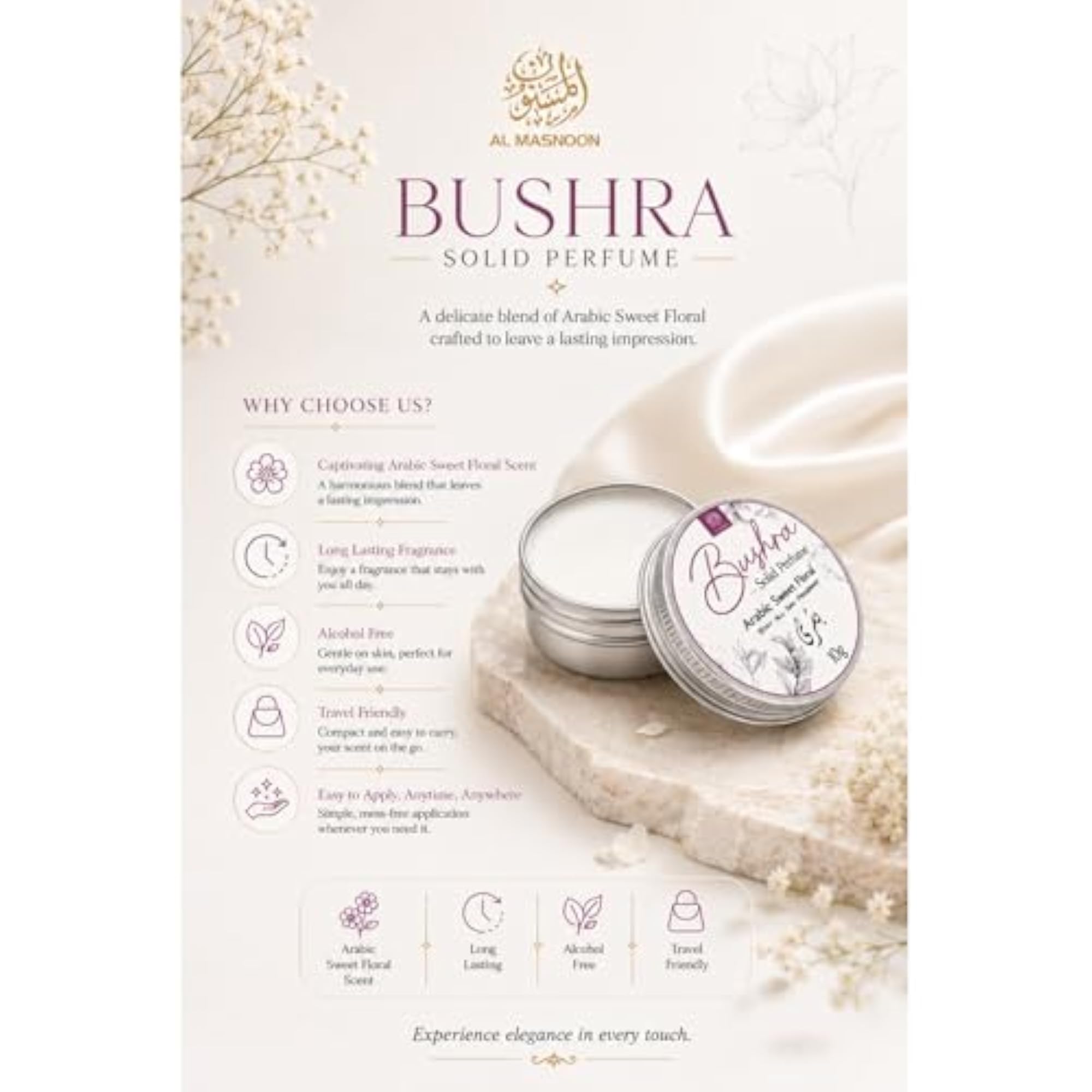 Bushra Solid Perfume 10g, Arabic Sweet Floral Fragrance