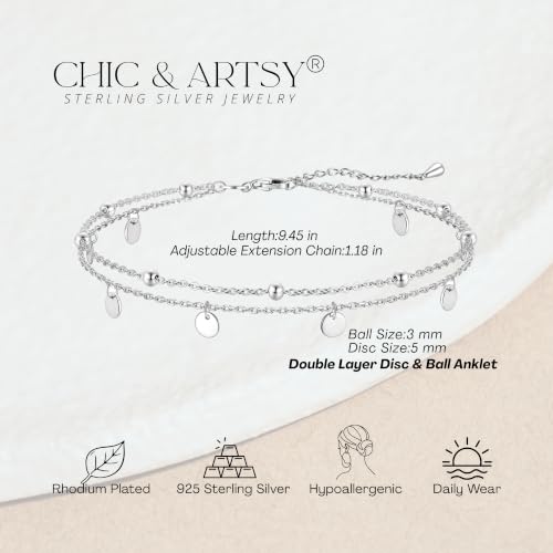 Image of CHIC & ARTSY 925 Sterling Silver Ankle Bracelets for Women, Dainty Adjustable Layered Foot Chains with Symbolic Charms, Boho Beach Everyday Lightweight Jewelry