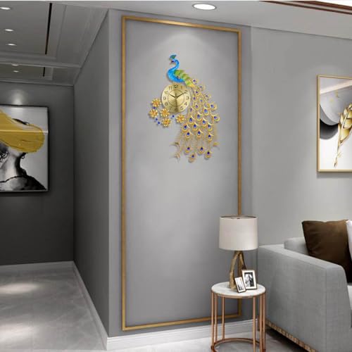 Image of Large Peacock Wall Clock 31.5 inch Metal Design Non-Ticking Silent Art Digital Wall Clocks for Living Room Decor Gold