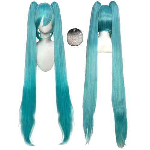 CICIBOLAYEZ 47inches/120cm Long Straight Blue Wigs with 2 Ponytails Blue Pigtails Wigs with Bangs for Women Synthetic Hair for Halloween Costume Party Cosplay Wig with Wig Cap