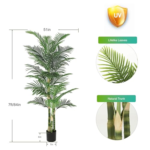 Image of Nafresh 7ft Ultra-Full UV Resistant Fake Golden Cane Palm Tree with Triple Trunks, 84in Tall Artificial Palm Tree Indoor Outdoor, Faux Palm Plant for Living Room Home Office Patio Garden Decor