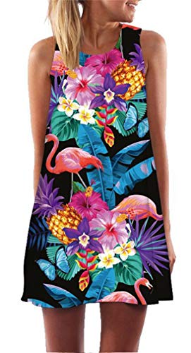 Ocean Plus Femme Multicolore Paréo Trapèze sans Manche Robe de Plage Haut Décontracté Flamant Loisir Feuilles Mini Robe (XXL (EU 42-44), Papillon Flamingo sur Fond Noir) Cover