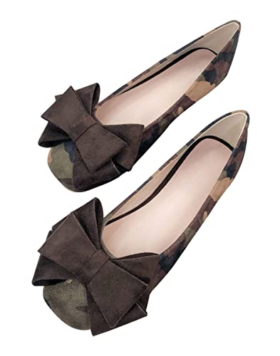 WENJIAZHIZHI Womens Camouflage Bowknot Ballet Flats Dress Shoes for Women Dressy Comfortable Square Toe Slip On Flats Shoes Casual