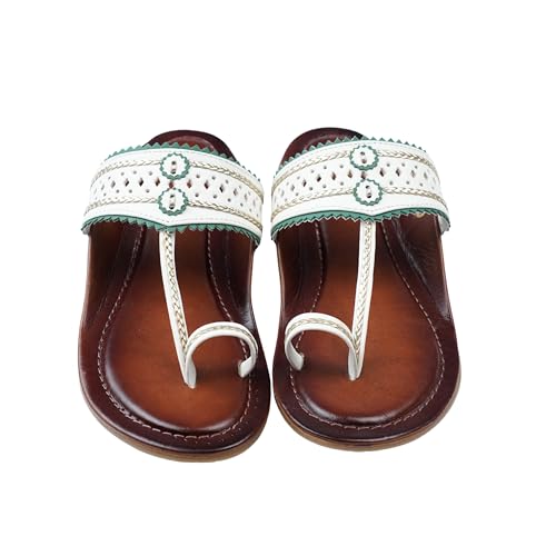 Image of Women's Kolhapuri Sandals - Handcrafted Leather Flats Chappals with Toe Ring, Comfortable Slip-On Ethnic Footwear with Embroidery & TPR Leather Sole