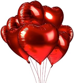 30 Pcs Red Heart Foil Balloons for Red Valentines Decorations - 45cm Red Love Heart Balloons with 4 Red Ribbon Rolls and 2 Inflation Tubes