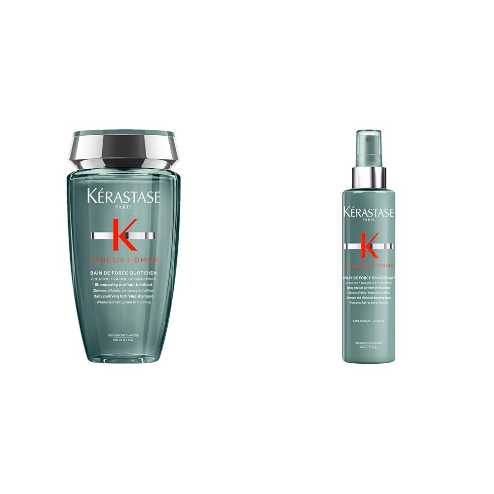 Kérastase, Genesis Homme, Shampoo Force Quotidien 250 ml + Spray Fortificante 150 ml + Siero per Capelli Indeboliti 90 ml + Cera Ispessente Texturizzante 75 ml