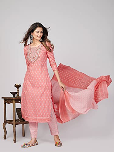 Image of Vbuyz Women's Printed & Embroidered Straight Cotton Stitched Kurta With Dupatta