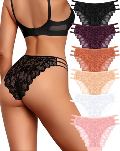 ALL OF SHE 6 Pack Calzoncillos Señoras Ropa Interior de Encaje Mujeres Sexy Slips Señoras Bragas Hipster Ropa Interior Cómoda Transpirable Suavidad S-XL